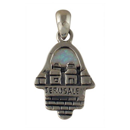 Silver and Opal Hamsa Jerusalem Pendant