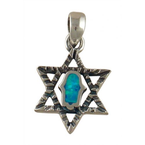 Silver and Opal Hamsa Star of David Pendant