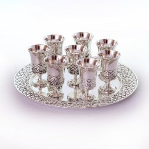 Six Decorative Small Kiddush Cups with Matching Circular Tray - Silver Plate