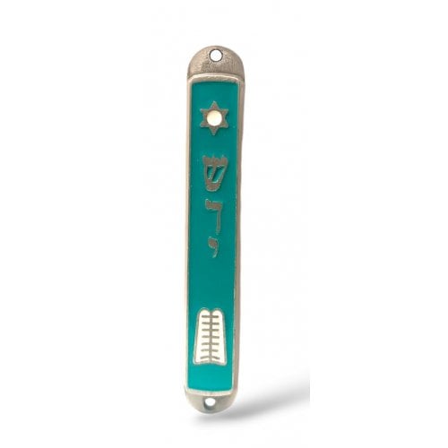 Small Metal Mezuzah Case, Ten Commandments with Star of David - Green-Blue Enamel