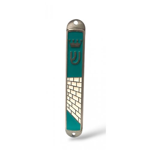 Small Metal Mezuzah Case, Western Wall and Crown Image - Blue Green Enamel