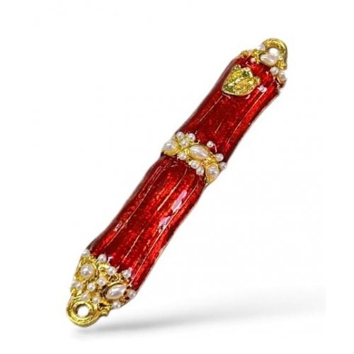 Small Metal and Pewter Mezuzah Case with Band of Gleaming Stones, Enamel - Color Choice