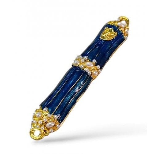 Small Metal and Pewter Mezuzah Case with Band of Gleaming Stones, Enamel - Color Choice