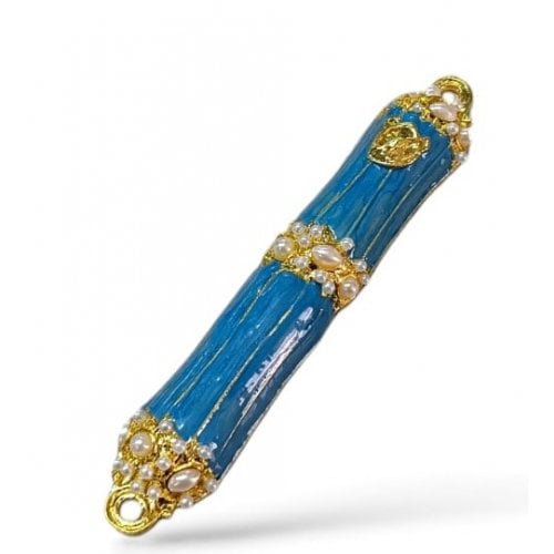 Small Metal and Pewter Mezuzah Case with Band of Gleaming Stones, Enamel - Color Choice