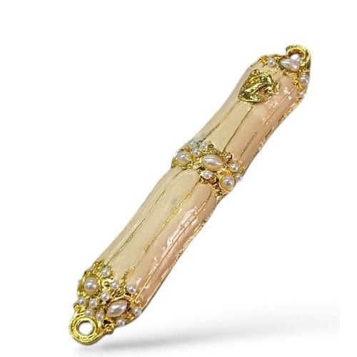 Small Metal and Pewter Mezuzah Case with Band of Gleaming Stones, Enamel - Color Choice