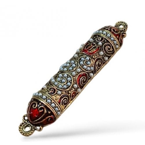 Small Pewter Mezuzah Case with Stones Enamel and Swirl Design - Choice of Colors