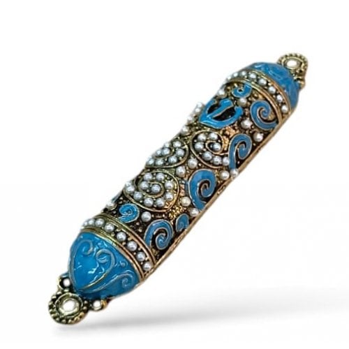 Small Pewter Mezuzah Case with Stones Enamel and Swirl Design - Choice of Colors