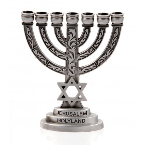 Small Seven Branch Menorah with Star of David & Breastplate, Pewter - 4 High