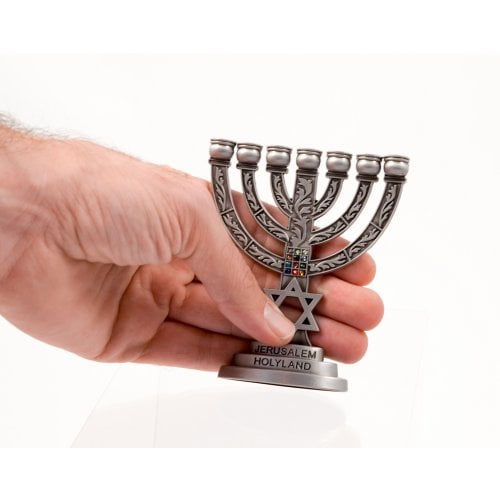 Small Seven Branch Menorah with Star of David & Breastplate, Pewter - 4 High