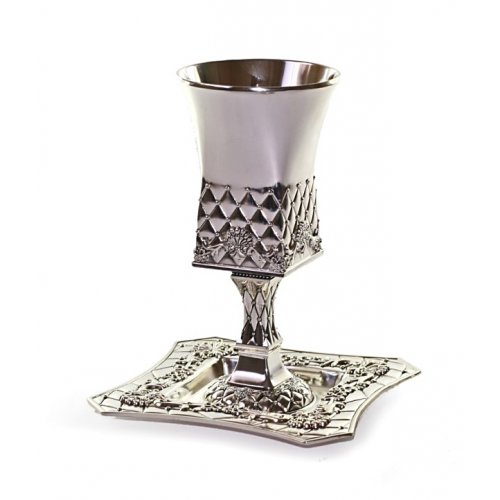 Square Silver plated contemporary Kiddush Cup with stem and Tray