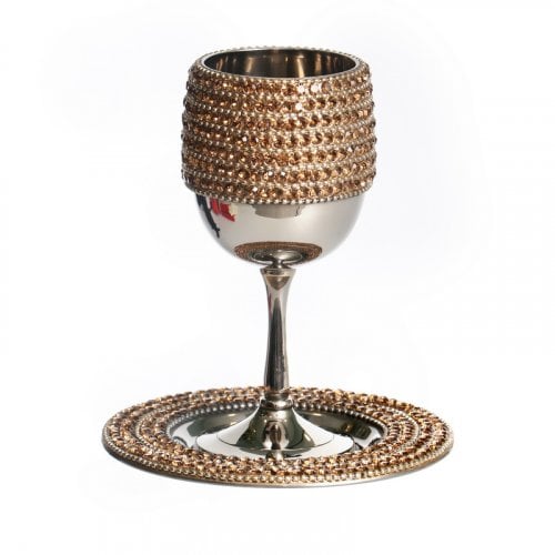 Stainless Steel Kiddush Cup on Stem Set - Gold Crystal Stones on Cup and Plate