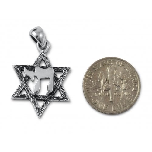 Star of David with Hebrew Chai, 925 Sterling Silver Pendant Necklace