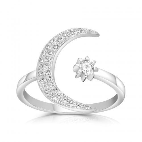 Sterling Silver Adjustable Ring with Zircons - Crescent Moon and Star