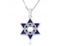 Sterling Silver Double Star of David Pendant Necklace - Blue Enamel and Crystals