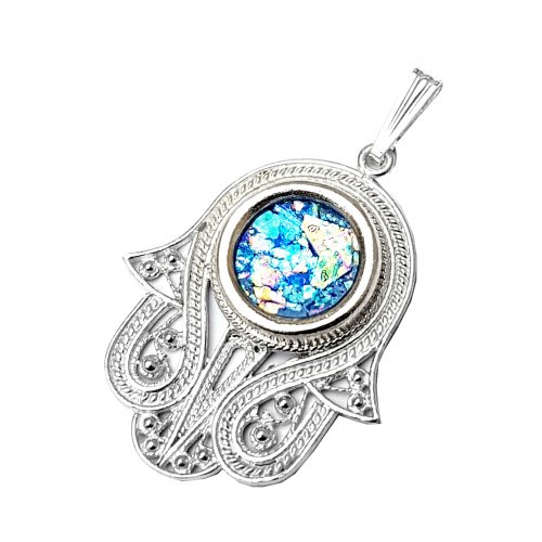 Sterling Silver Hamsa Pendant Necklace with Filigree Work and Roman Glass