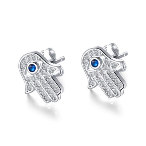 Sterling Silver Hamsa Stud Earrings with Blue and White Zircons - Option Gold