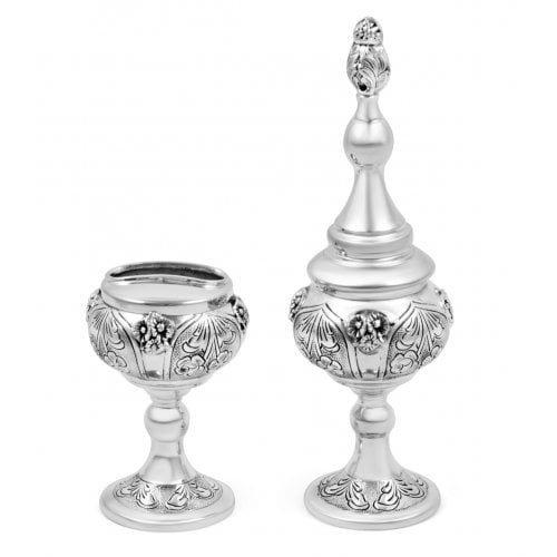 Sterling Silver Havdalah Set Spice Box and Candle Holder - Floral Design