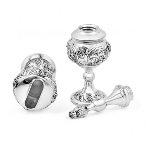 Sterling Silver Havdalah Set Spice Box and Candle Holder - Floral Design