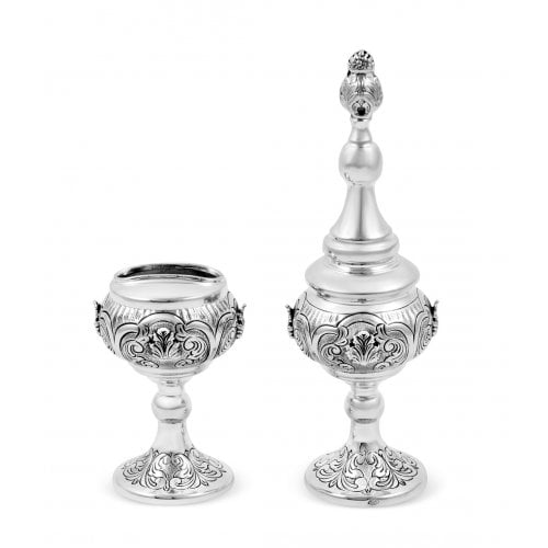 Sterling Silver Havdalah Set with Spice Box and Candle Holder - Swirling Engraving