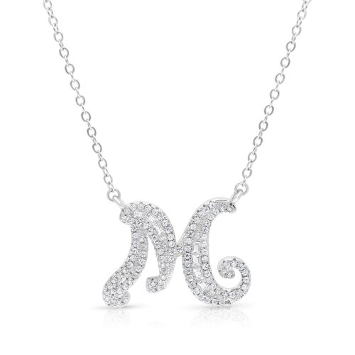 Sterling Silver Initial Letter Pendant Necklace with Glittering Zircons