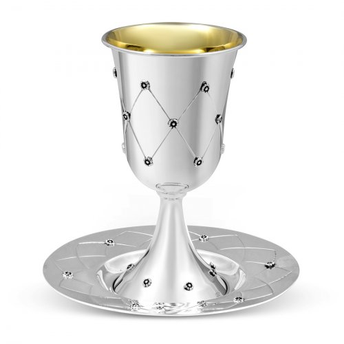 Sterling Silver Kiddush Goblet with Matching Plate - Diamond Flower Design