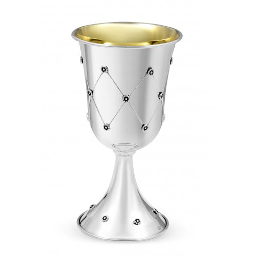 Sterling Silver Kiddush Goblet with Matching Plate - Diamond Flower Design