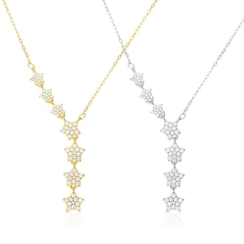 Sterling Silver Lariat Necklace, Zircon Studded Stars  Silver or Yellow Gold