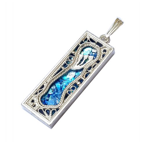 Sterling Silver Mezuzah Pendant Necklace with Filigree and Roman Glass