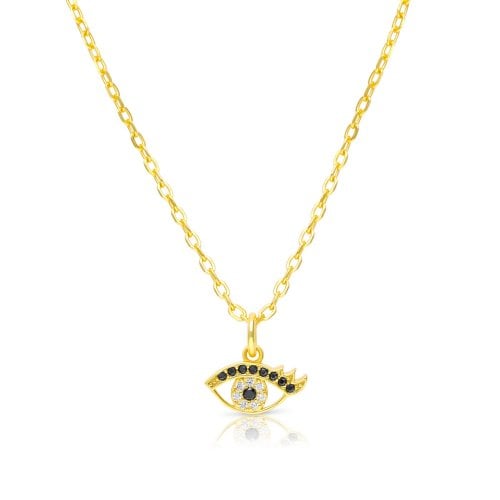 Sterling Silver Necklace Plated with Yellow Gold, Evil Eye Pendant - Zircons