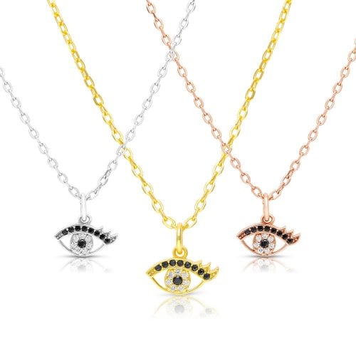 Sterling Silver Necklace Plated with Yellow Gold, Evil Eye Pendant - Zircons