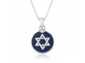 Sterling Silver Necklace, Round Pendant with Star of David on Blue Enamel