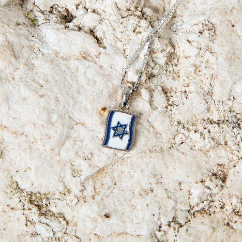 Sterling Silver Necklace and Pendant, Blue and White Star of David Flag of Israel