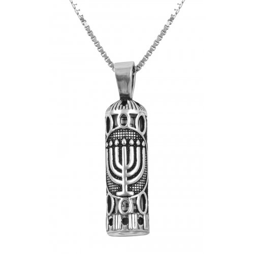 Sterling Silver Necklace with Mezuzah Pendant - Menorah Design