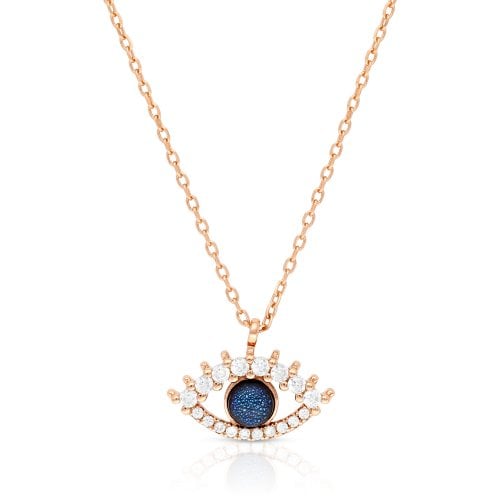 Sterling Silver Necklace with Rose Gold Plate & Pendant Evil Eye Charm - Zircons