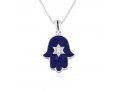 Sterling Silver Pendant Necklace - Blue Enamel Hamsa with Star of David Stone