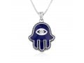 Sterling Silver Pendant Necklace - Blue Enamel Hamsa with Stone in the Eye