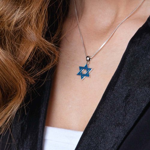 Sterling Silver Pendant Necklace, Blue Enamel - Star of David