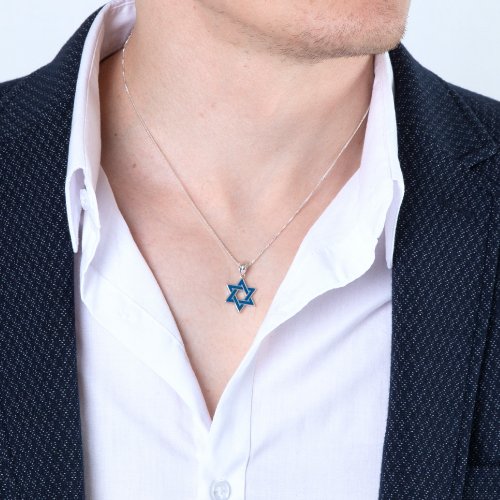 Sterling Silver Pendant Necklace, Blue Enamel - Star of David