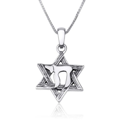 Sterling Silver Pendant Necklace, Engraved Star of David Enclosing Chai Letters