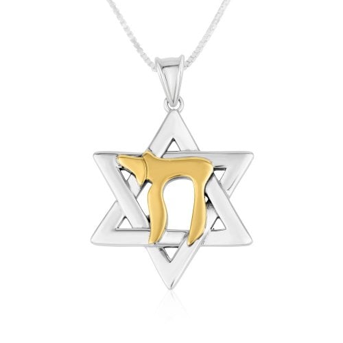 Sterling Silver Pendant Necklace, Star of David Pendant and 14K Gold Plated Chai