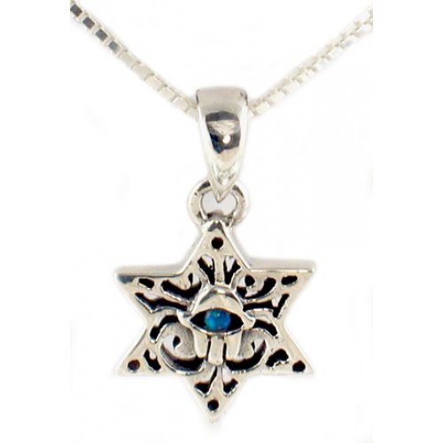 Sterling Silver Pendant Necklace, Star of David and Hamsa with Opal Stone