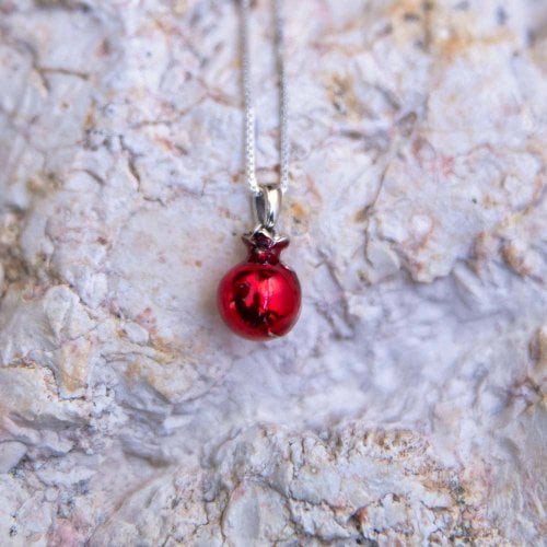 Sterling Silver Pomegranate Pendant Necklace with Red Enamel and Garnet Stones