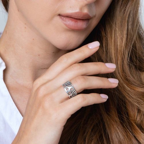 Sterling Silver Ring with Cutout Glittering Menorahs and Stars of David