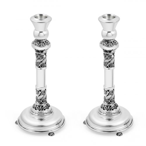 Sterling Silver Shabbat Candlesticks - Filigree Decorated