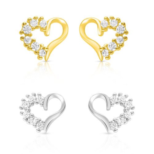 Sterling Silver Stud Earrings with Zircons, Heart Shape - Gold Plated or Silver