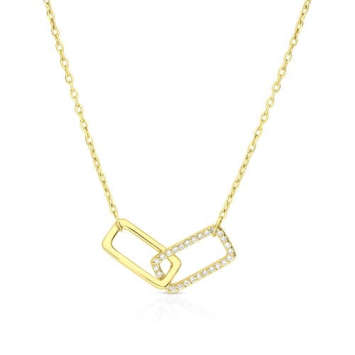 Sterling Silver or Yellow Gold Necklace with Zircon Pendant of Linked Rectangles