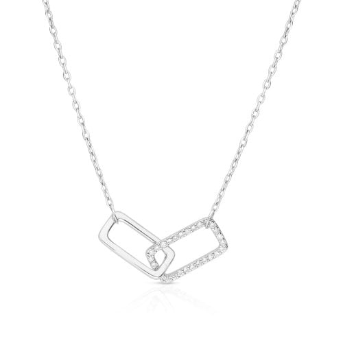 Sterling Silver or Yellow Gold Necklace with Zircon Pendant of Linked Rectangles