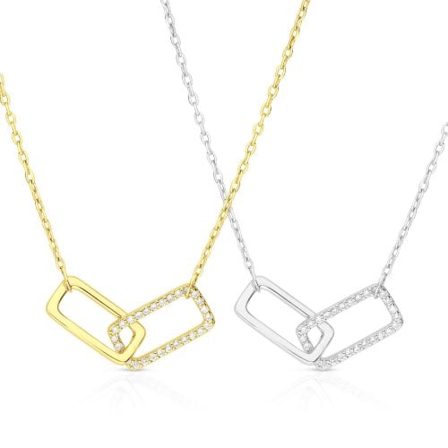 Sterling Silver or Yellow Gold Necklace with Zircon Pendant of Linked Rectangles