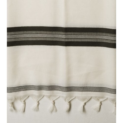 Talitnia White Wool Tallit Katan With Center Fringes - Black Stripes