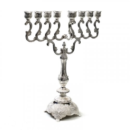 Tall Silver Metal Chanukah Menorah, Swirls  16.1 Inches Height